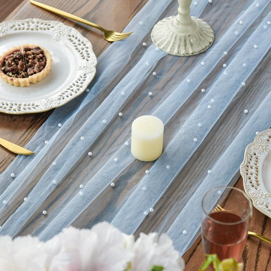 Light Blue Table Veil with White Pearls - Silky Gauze 30x120 Inches - For Weddings, Parties & Table Decorations โ image 4