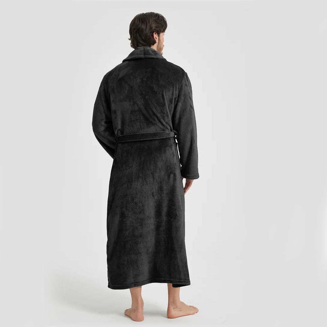 Men's Flannel Bathrobe Black M Size - Soft Coral Fleece Hooded Kimono Collar Dressing Gown Loose Fit Warm Comfortable Loungewear Home Spa Easy Care Machine — image 3