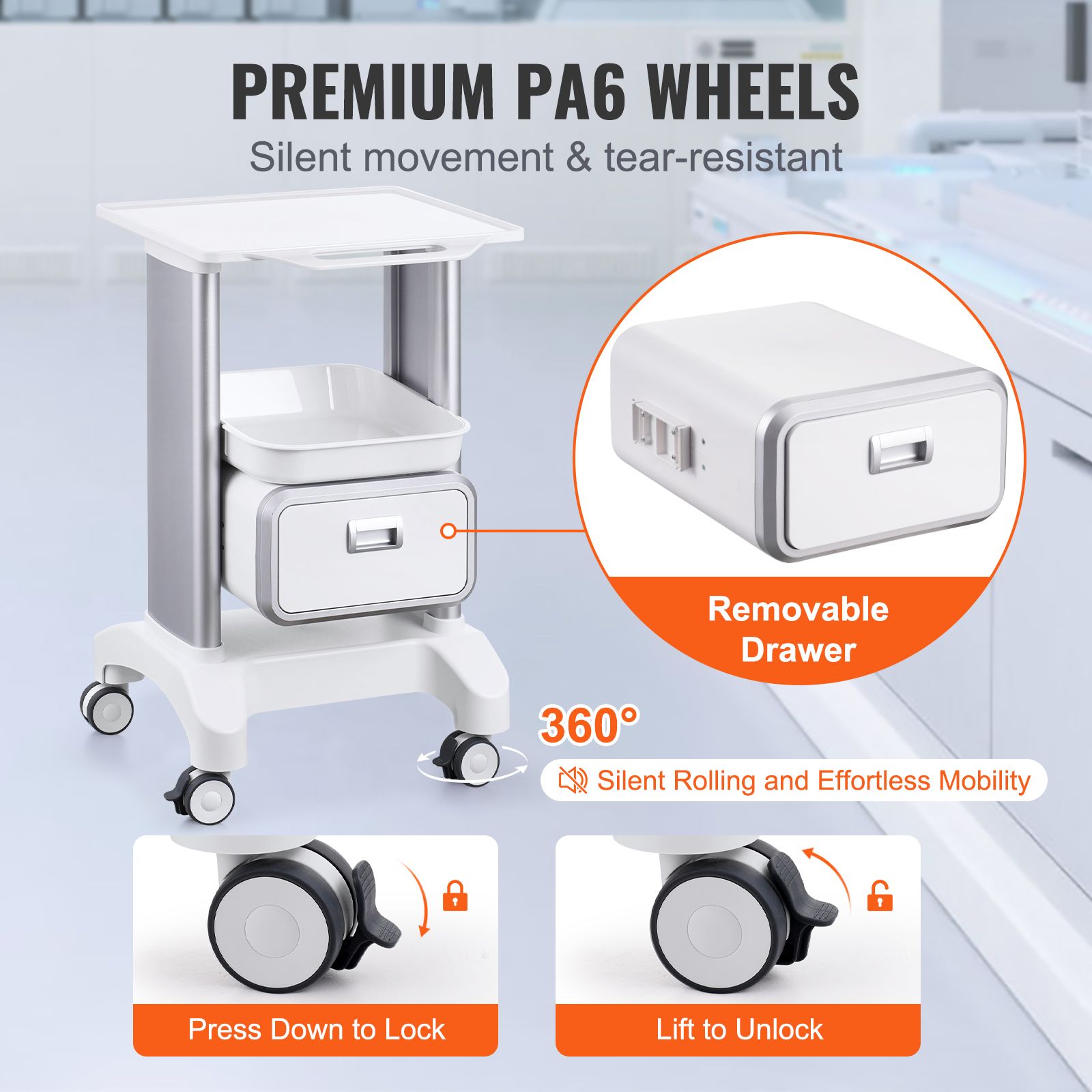 2 Tiers Lab Carts Mobile Medical Cart with 1 Drawer & 1 Top Tray White โ image 4