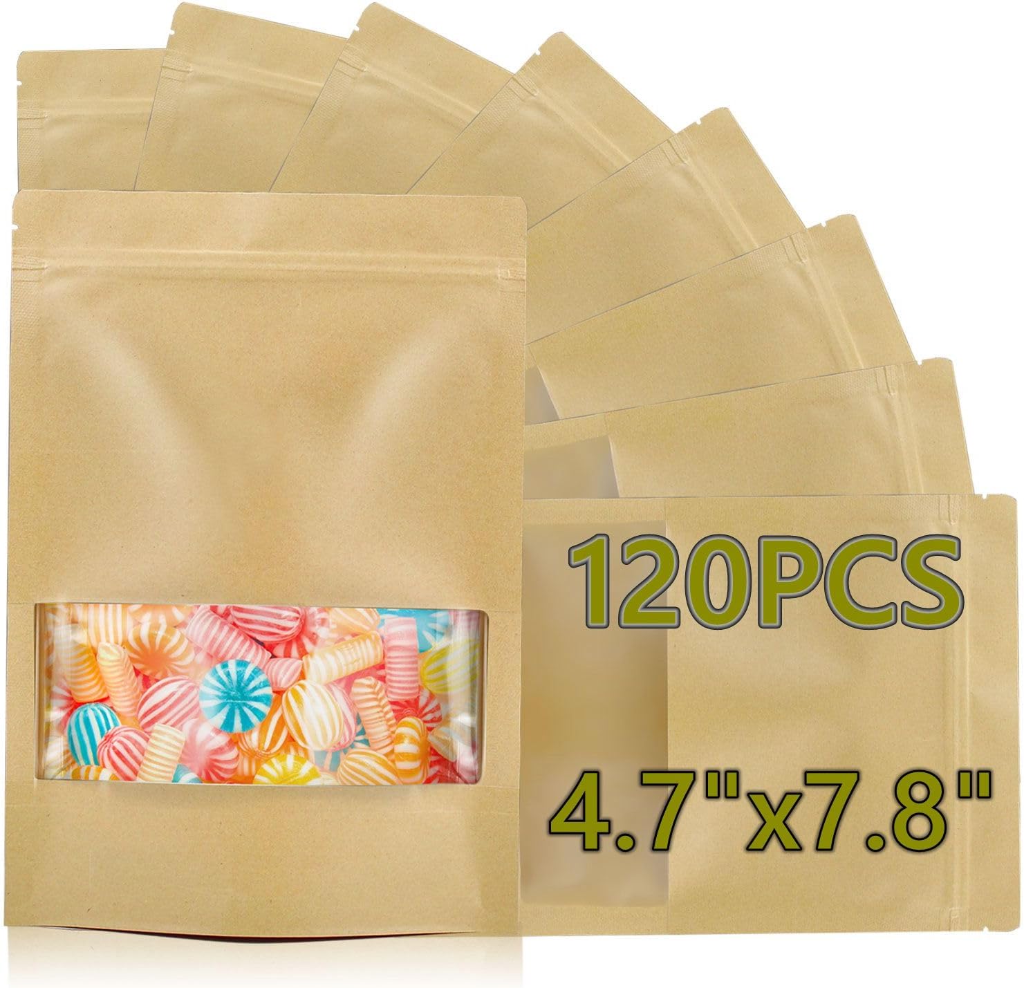 120pcs 4.7"x7.8" Kraft Bags with Window Zipper Lock Stand Up Bulk Pouches Resealable Bags, Smell Proof Mylar Bags for Food Storage, Stand-up Resealable Food