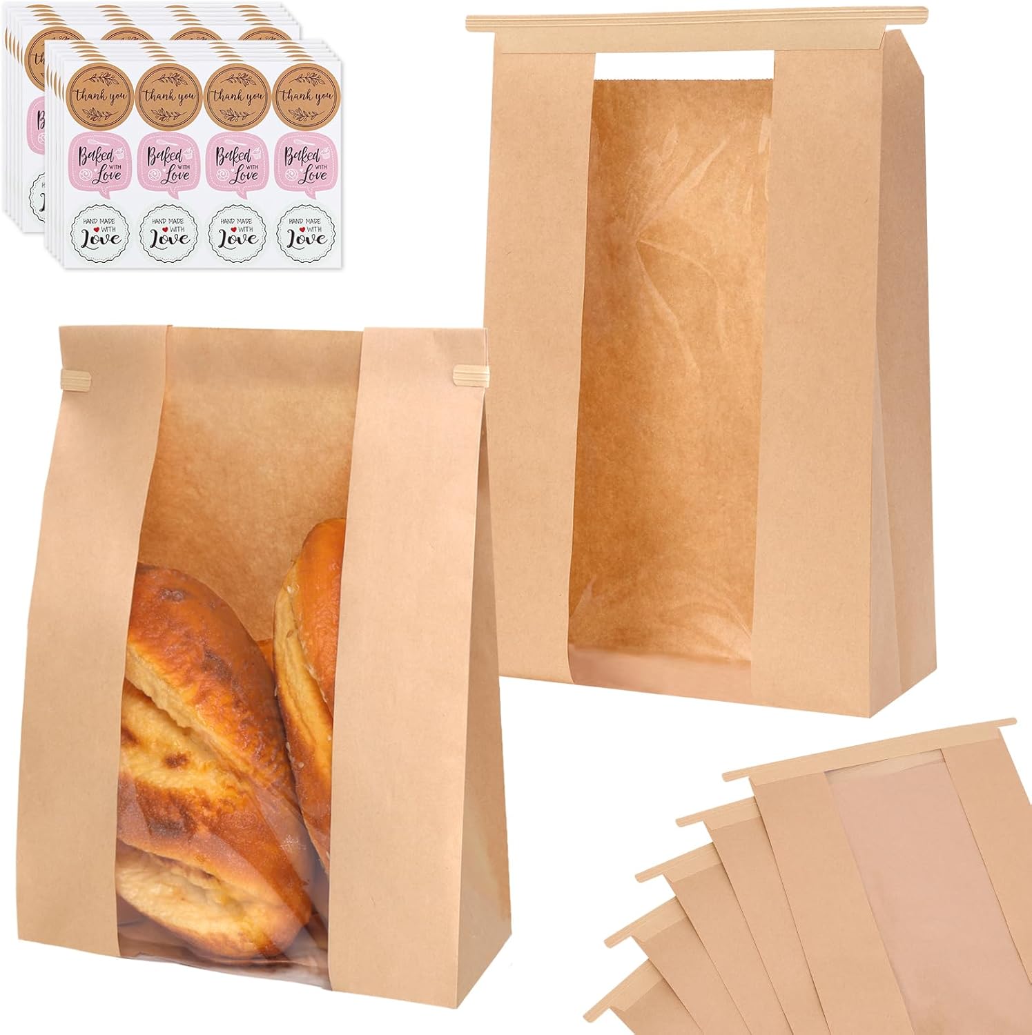 120 Pack Large Paper Bread Bags for Homemade Bread, 13.7 × 8.3 × 3.5 Inches, Sourdough Bread Bags with Tin Tie Tab and Clear Front Window, Includes 144 Label