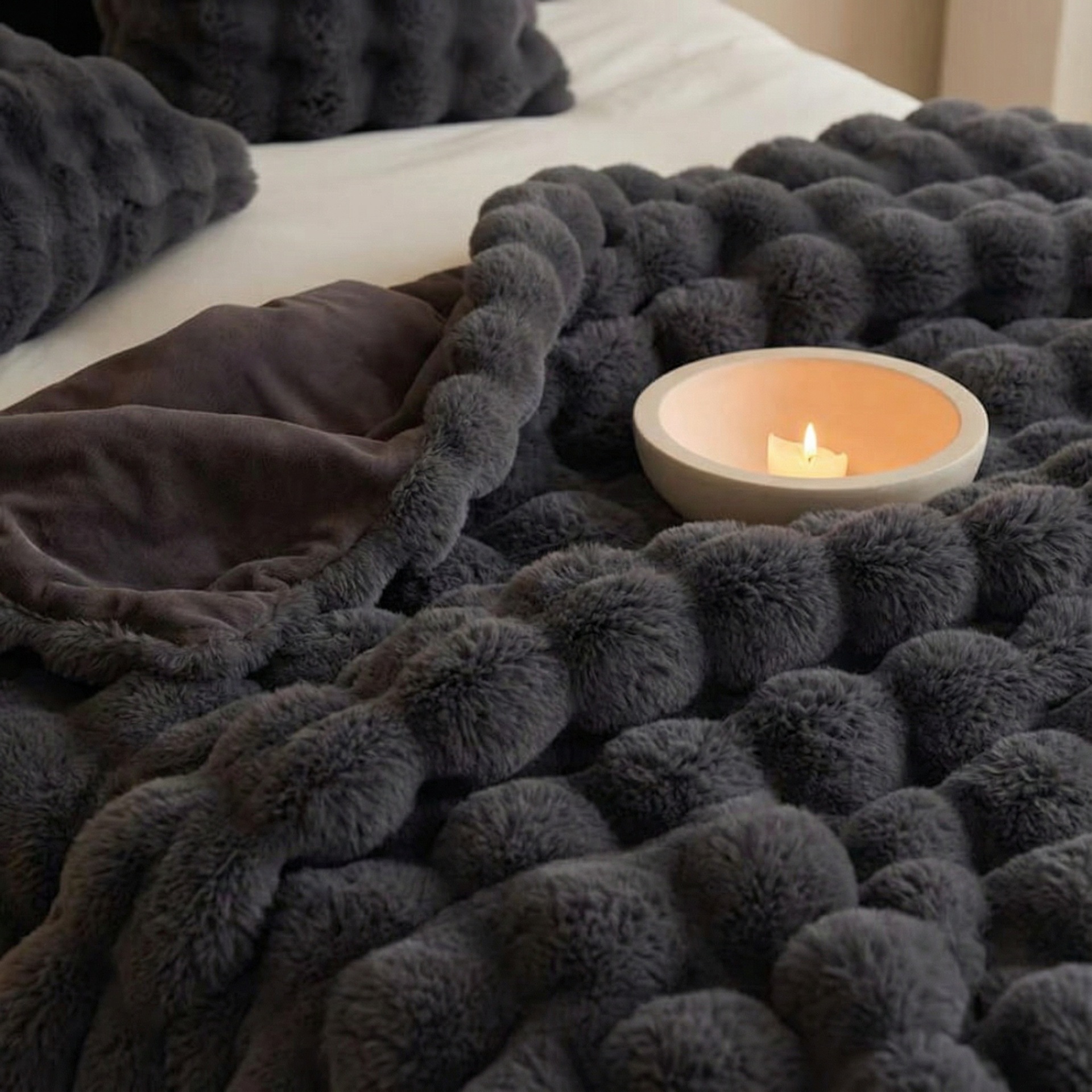Black Grey Luxury Tuscany Fleece Rabbit Fur Bubble Blanket (180 x 200 CM) - Double-Sided Thickened Soft Plush Bedding & Large Bed Blanket โ image 3