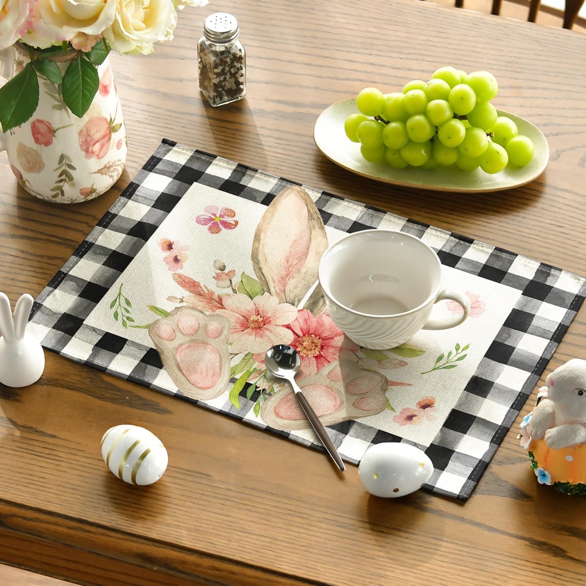 Buffalo Plaid Bunny Ear Foot Flower Easter Placemats Set of 4, 12 × 18 Inch Seasonal Spring Table Mats for Party Kitchen Dining Decoration — image 3