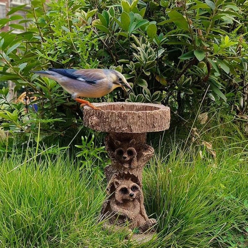 Raccoon Resin Bird Bath Feeder for Garden Decor, Tree Stump Style Outdoor Bird Feeder, 9.8 x 6.6 x 5.9 in โ image 2