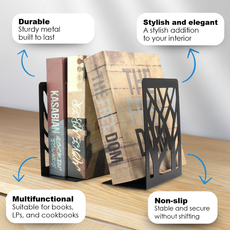 4-Piece Black Tree Design Metal Bookend Set with Non-Slip Feet โ image 3