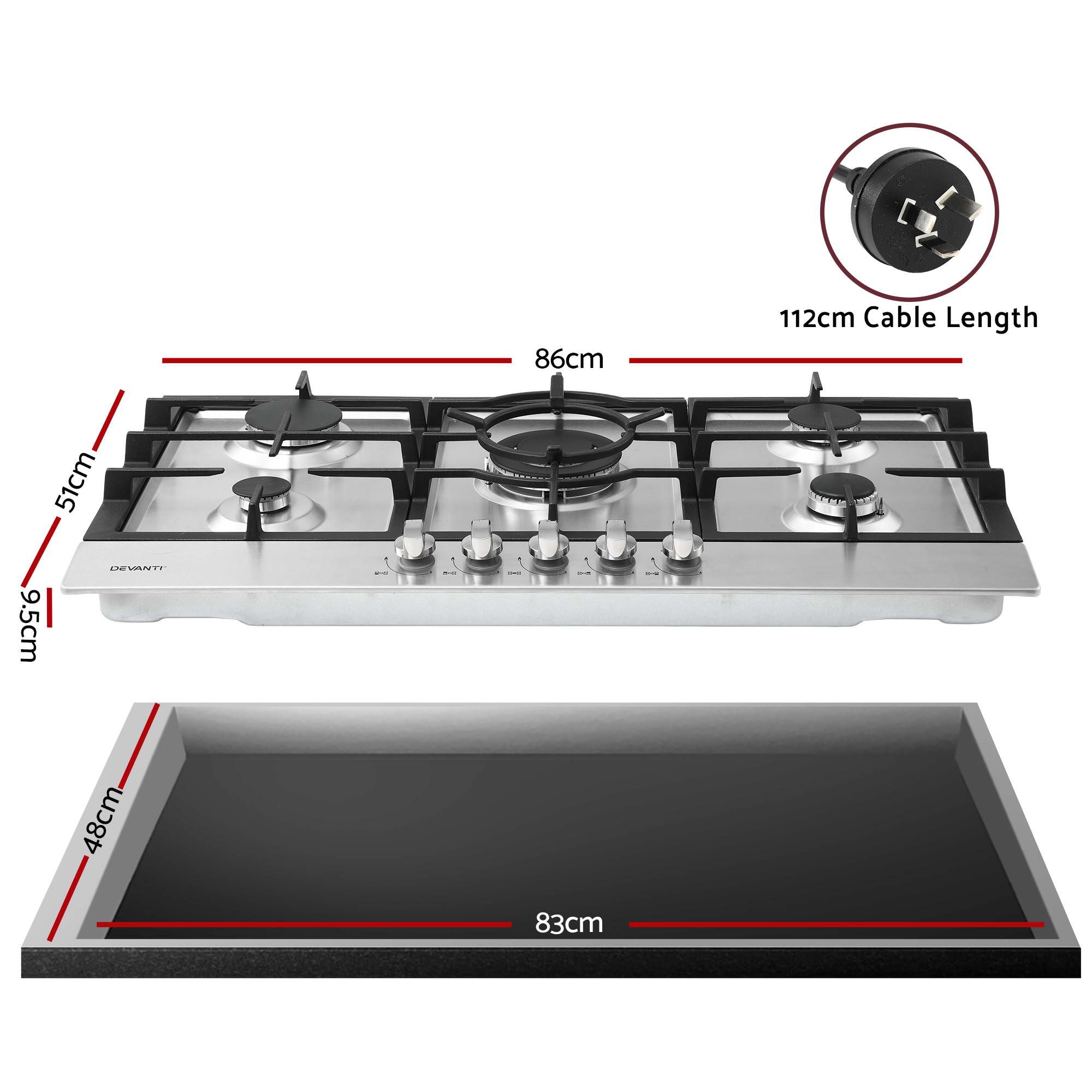 Devanti 90cm Gas Cooktop 5 Burner LPG NG Stainless Steel Hob Silver โ image 2