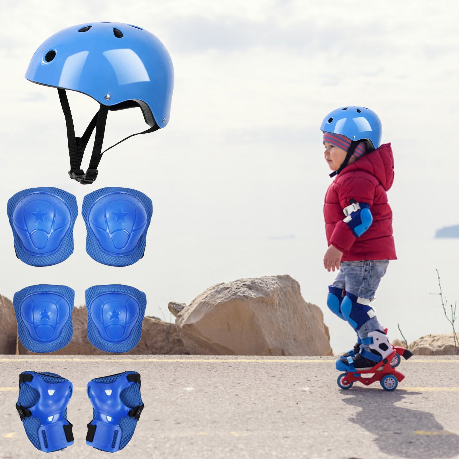 Kids Helmet Knee Elbow Pads Wrist Guard Sport Protective Gear Adjustable Scooter Skateboard Roller Bike Skate Cycling Set for Boy Girl Blue — image 3