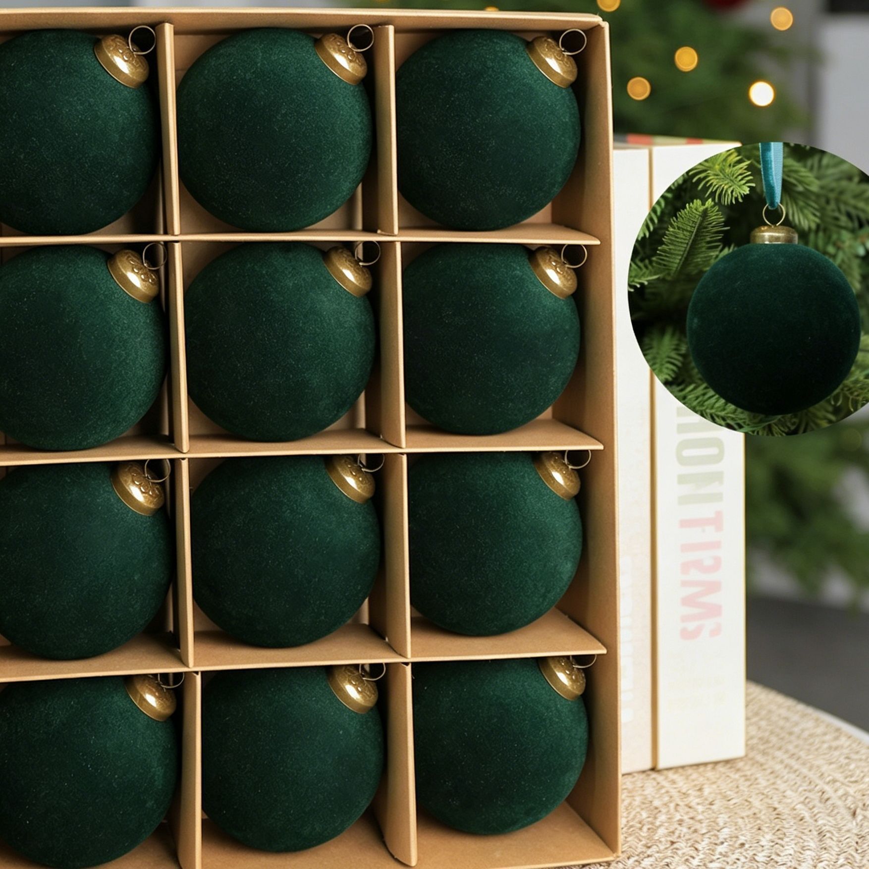 24pk Flocked Xmas Baubles Metal Cap, Dark Green 8cm — image 2