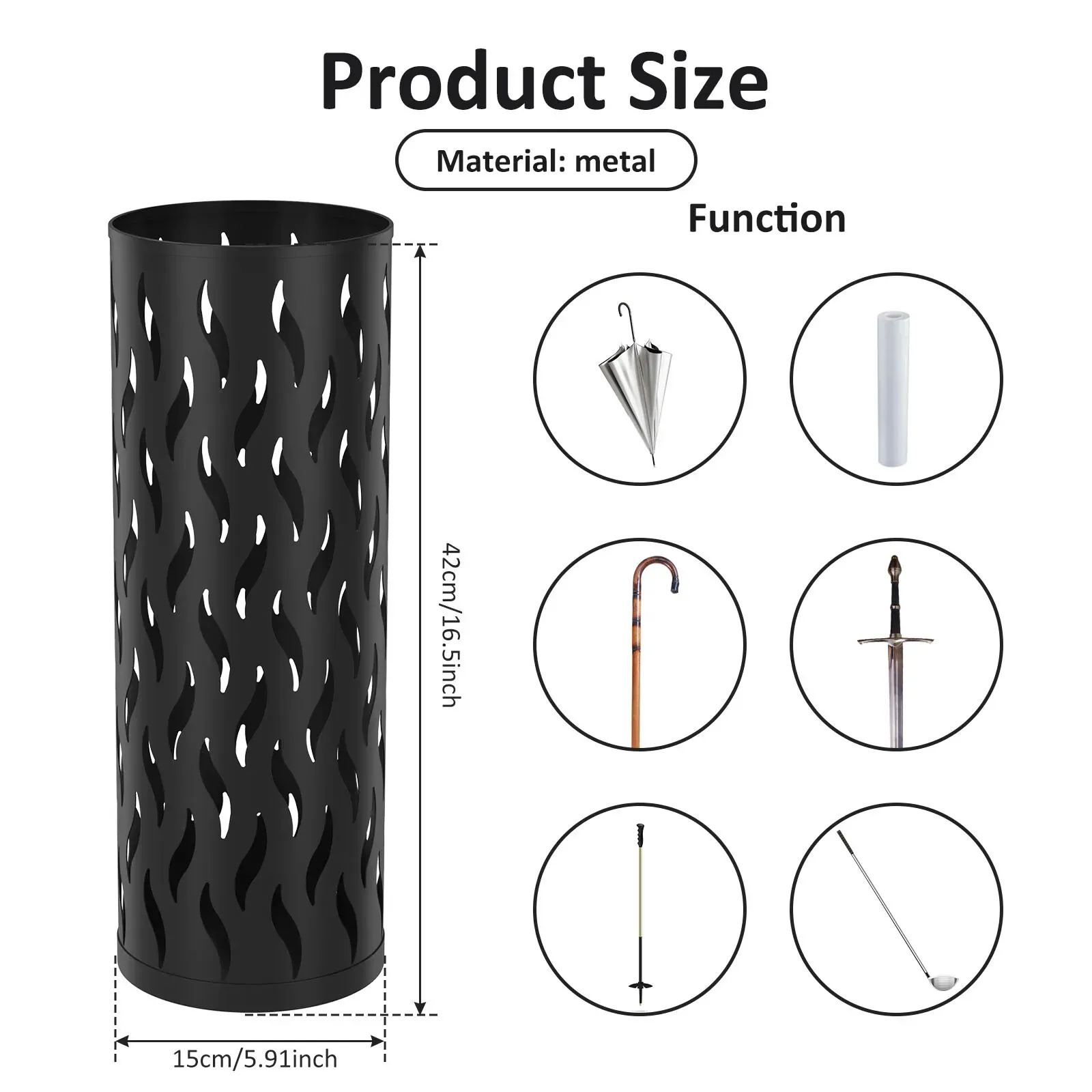Metal Umbrella Stand in Black - Hollowed Design, 15x15x42cm, Holds 4-6 Long Umbrellas โ image 6