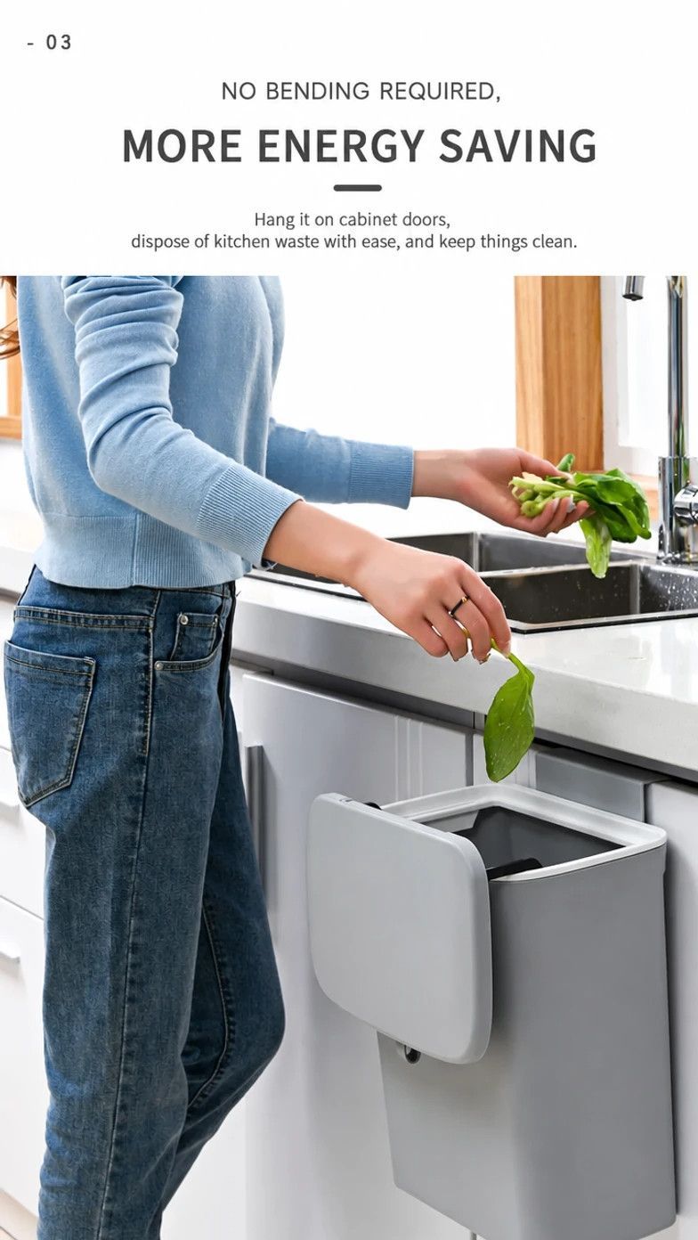 Cabinet Door Hanging Trash Can With Lid, Hook Mount Waste Bin, 9L, Cream, Creative Garbage Container For Kitchen & Washroom, Nice Kitchen Upgrade Gift — image 4