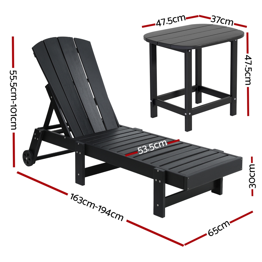 Gardeon Sun Lounge Lounger Table and Chairs Beach Chair HDPE Patio Outdoor Furniture Wheels Black โ image 2