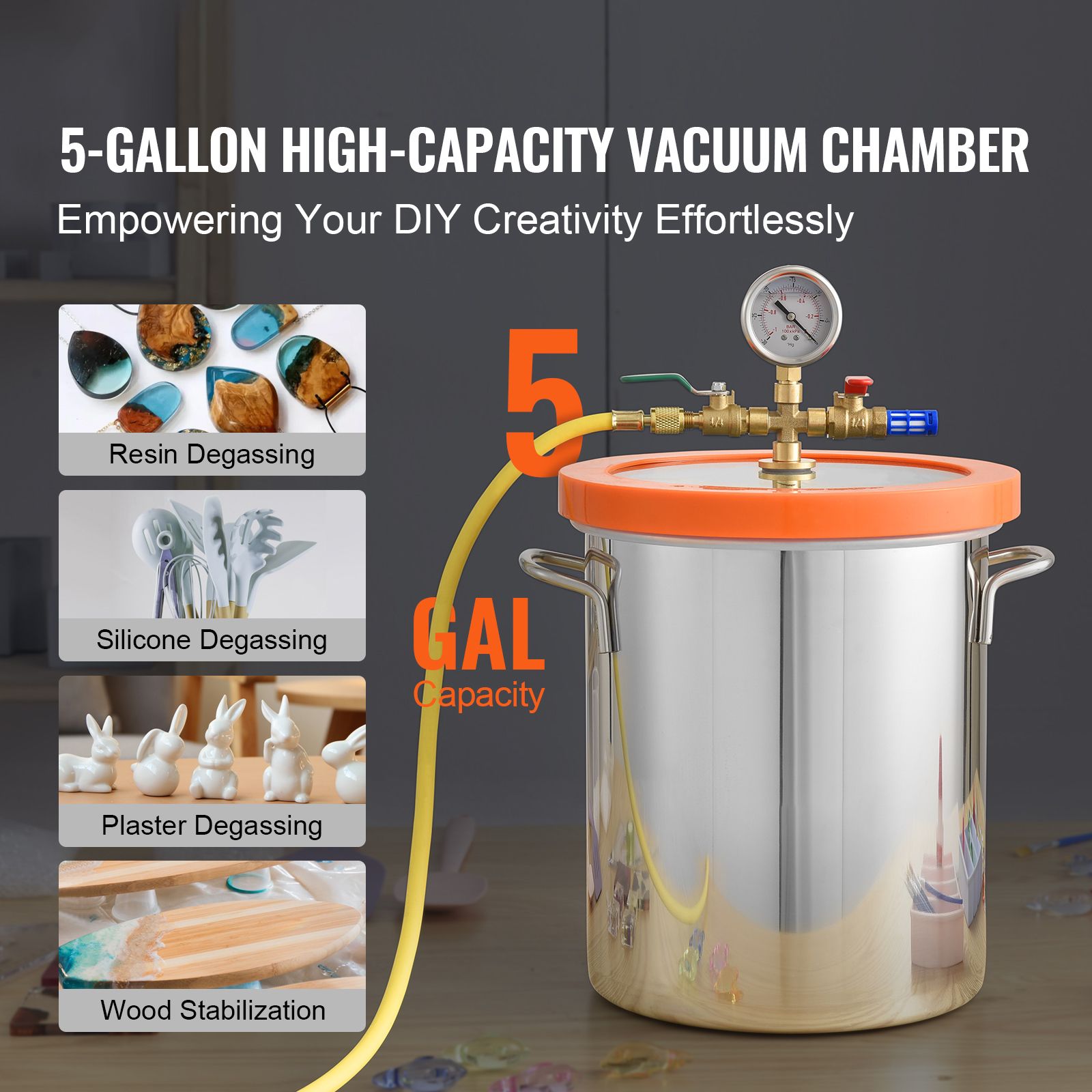 5 Gallon Vacuum Chamber, Upgraded Tempered Glass Lid Vacuum Degassing Chamber, 304 Stainless Steel Chamber, for Stabilizing Wood, Resin Degassing, Silicone โ image 2