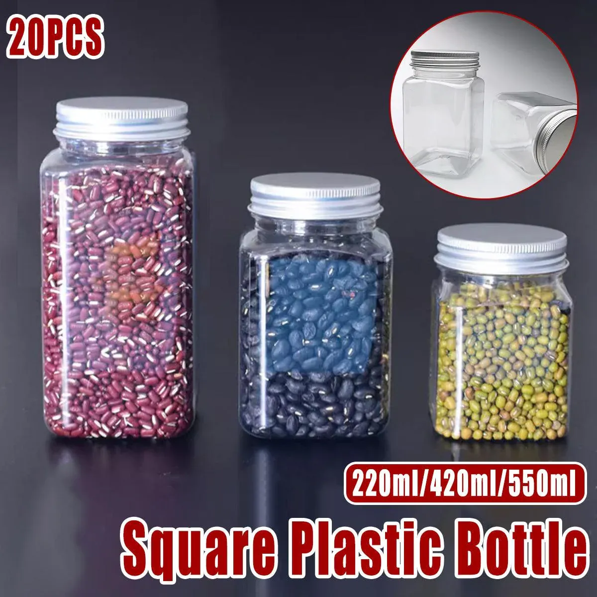 20pcs Square Transparent Plastic Bottle with Aluminum Cap Sealed Jar for Food Storage - 550ml — image 2