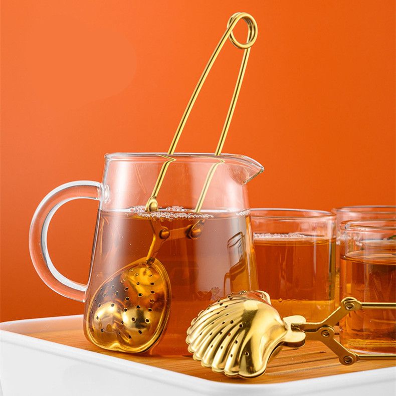5Pcs Tea Snap Balls Seashell Heart Star Pineapple Teapot Shape Tea Filters Stainless Steel Tea Strainer with Long Handle(Gold) — image 5