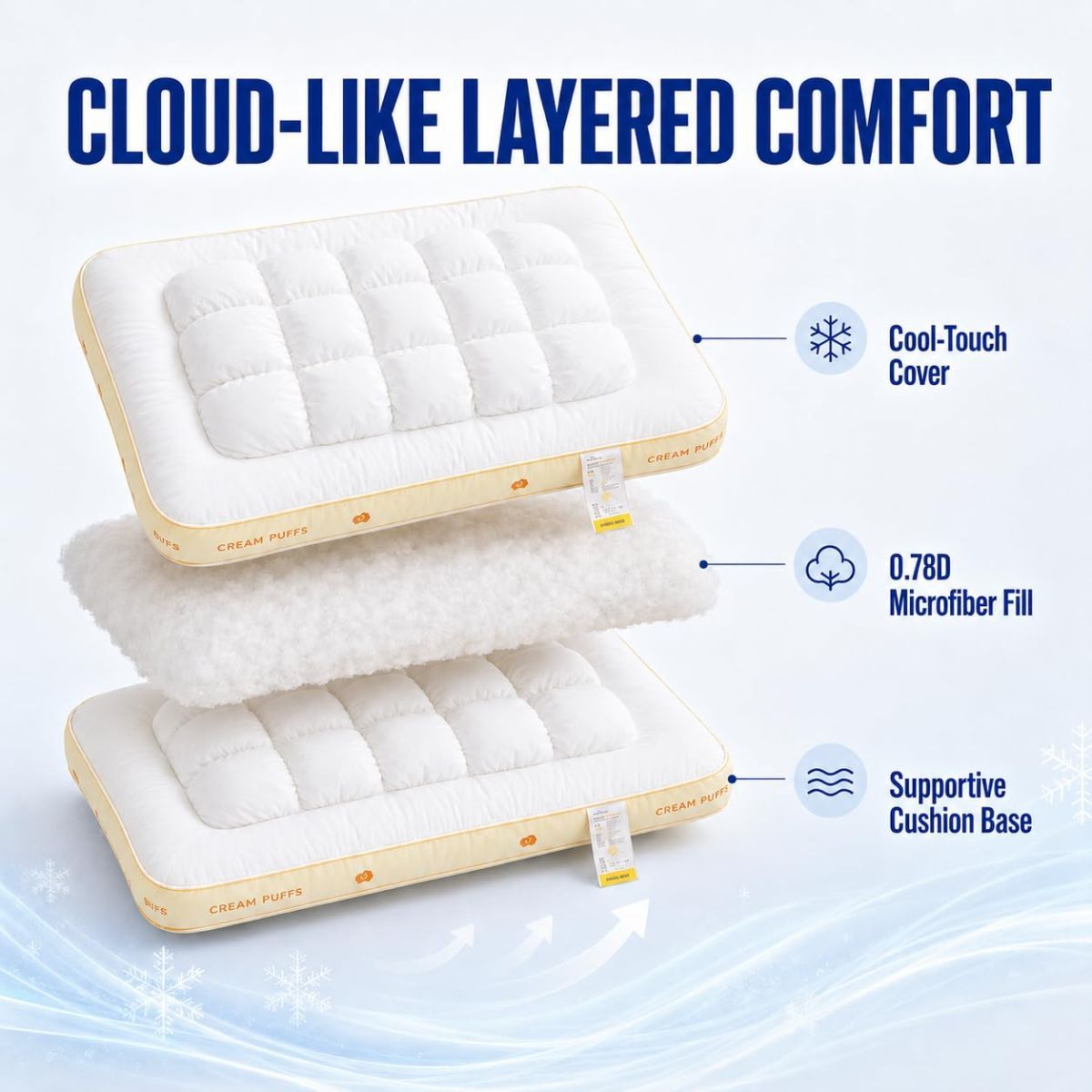 Cooling Marshmallow Puff Pillow, Quilted Cool-Touch Bed Pillow for Adults, Cloud-Like Fluffy Sleep Pillow with Neck Support for Side Back Sleepers - Yellow — image 4