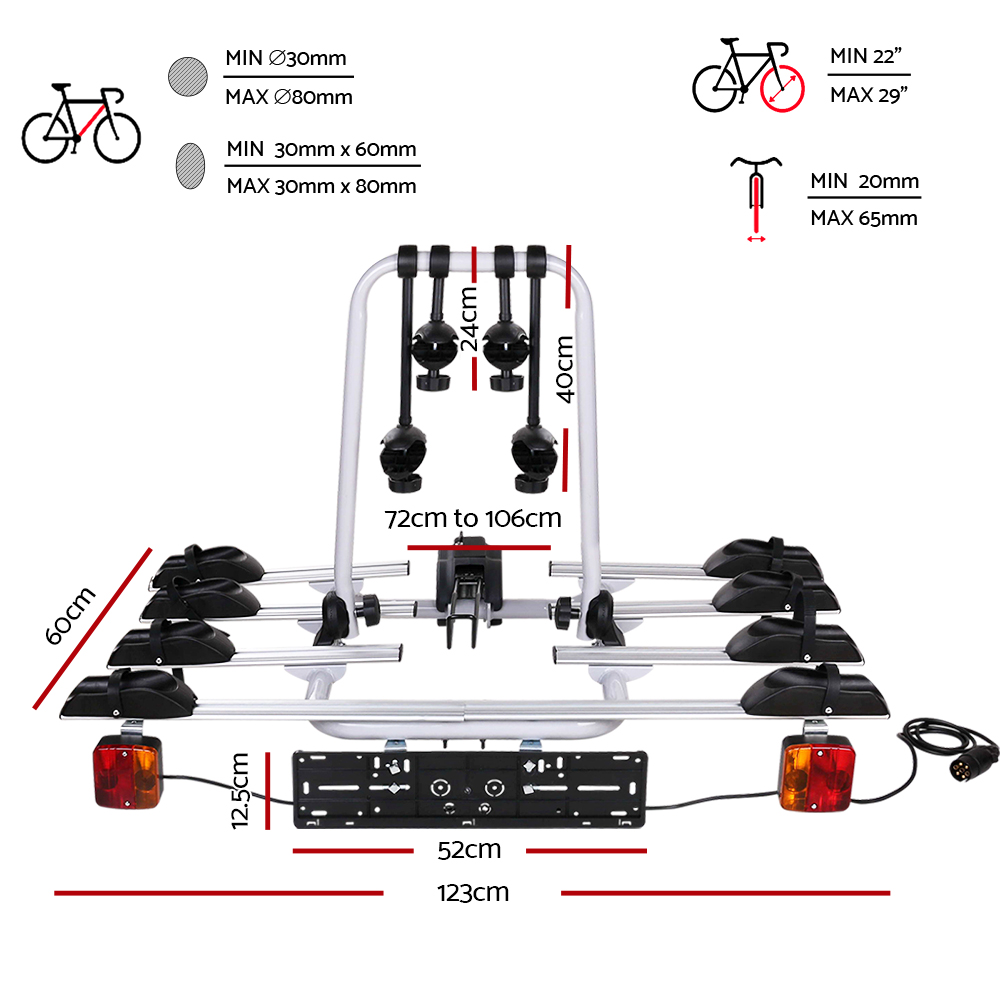 Giantz 4 Bicycle Bike Carrier Rack Car Towbar Hitch Ball Mount Tail light Silver — image 2