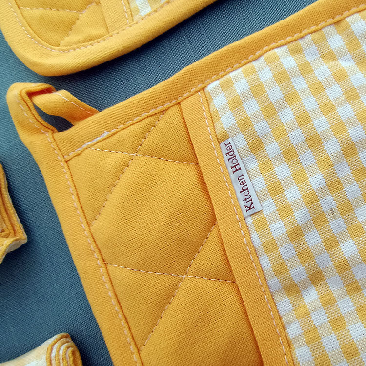 3-Piece Yellow Gingham Cotton Kitchen Linen Set - Reversible Placemat, Fringed Napkin & Quilted Pot Holder - Yarn Dyed Checkered Dining Bundle — image 6