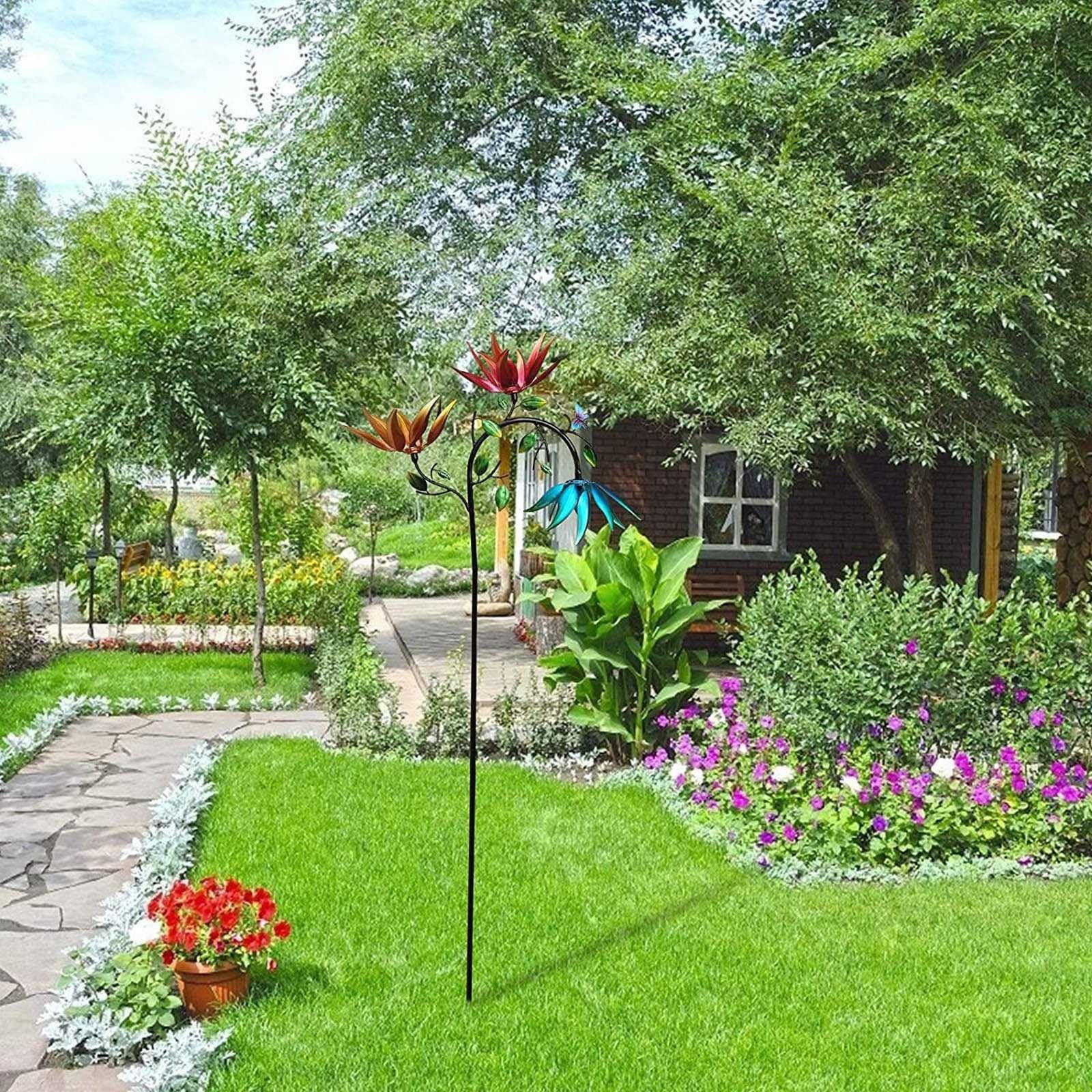 Large Metal Wind Spinner with Three Spinning Flowers and Butterflies Windmill Spinner for Yard and Garden Outdoor Art Decoration — image 2