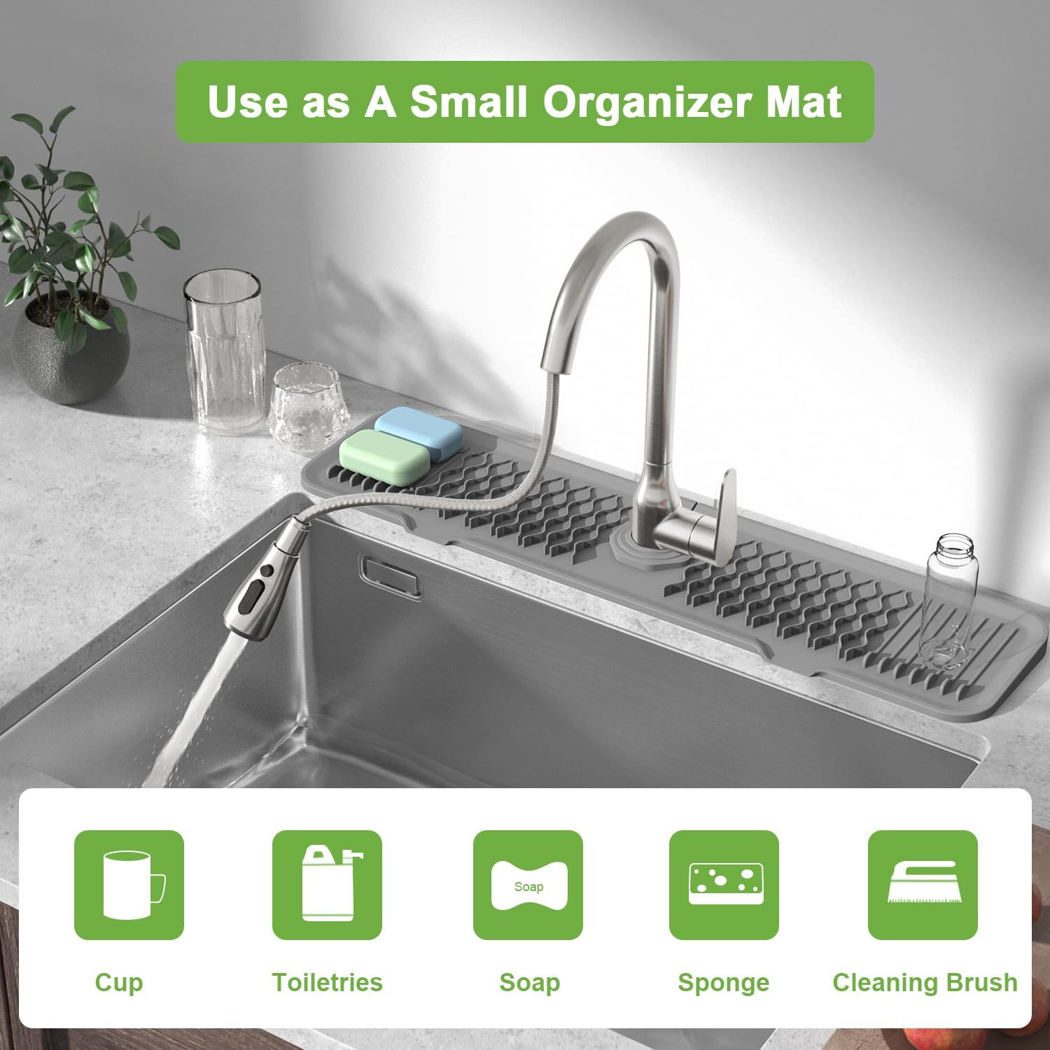 Kitchen Sink Splash Guard, 24 inches 5°Slope Food Grade Silicone Sink Faucet Mat Handle Drip Catcher Tray, Faucet Air Drying Mat — image 3