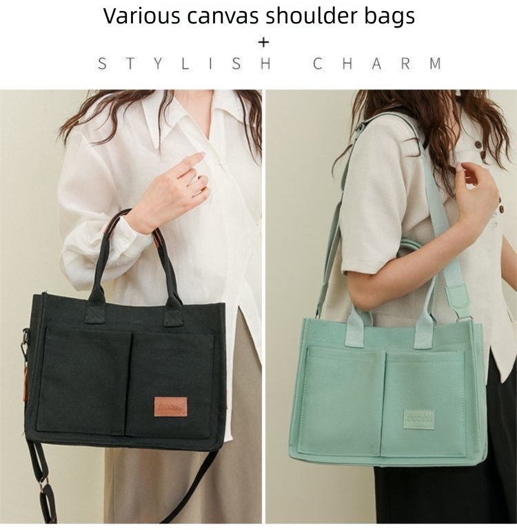 Dark blue Large Canvas Tote Bag for Women - Multi-Pocket Utility Organiser with Wide Adjustable Shoulder Strap - Trendy Crossbody and Handheld Bag for Work โ image 5