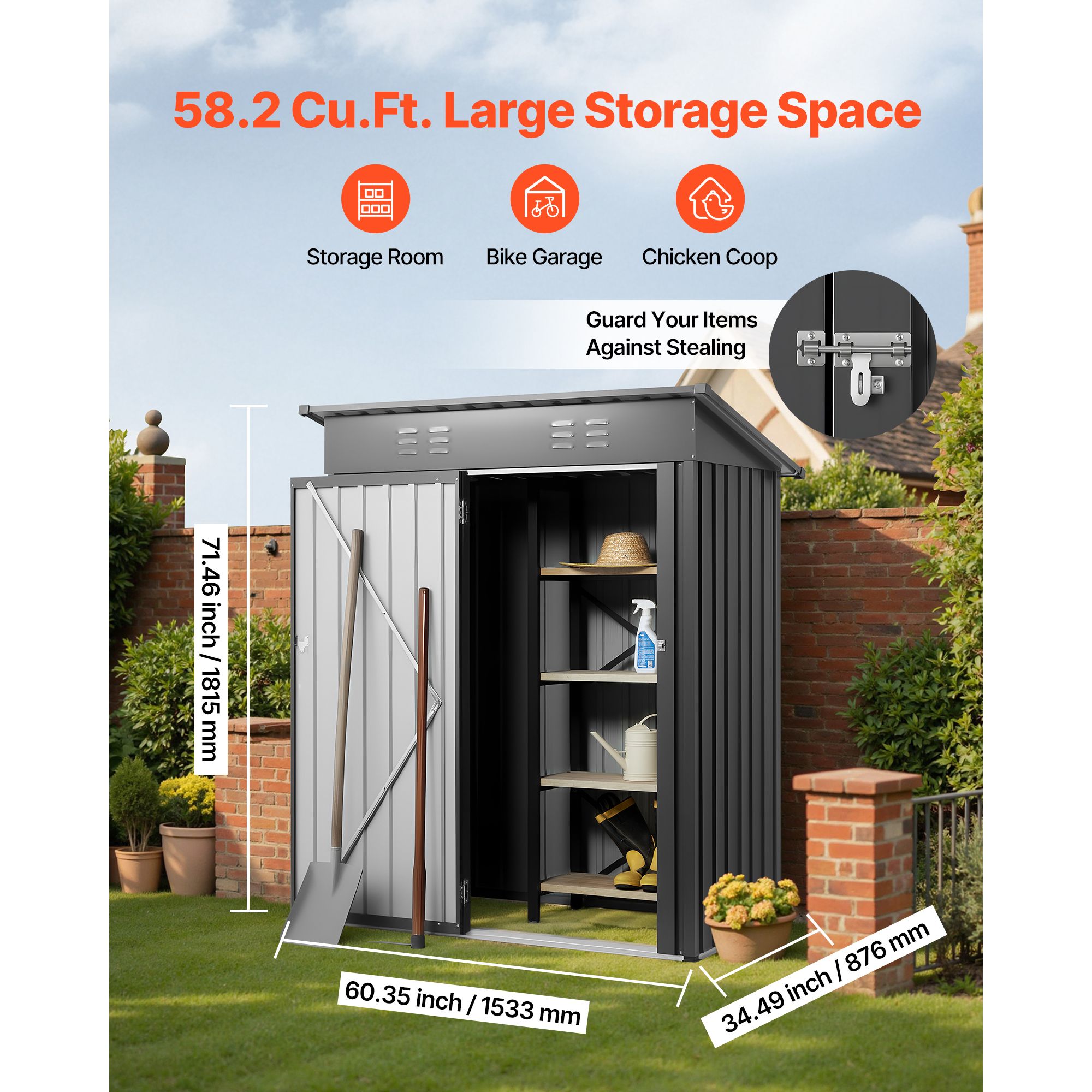 1533 x 876 x 1815 mm Metal Garden Shed, Storage Building with Lockable Door & 2 Louver Vents, Sloped Roof Metal Outdoor Storage Shed, Tool Sheds Outdoor — image 2
