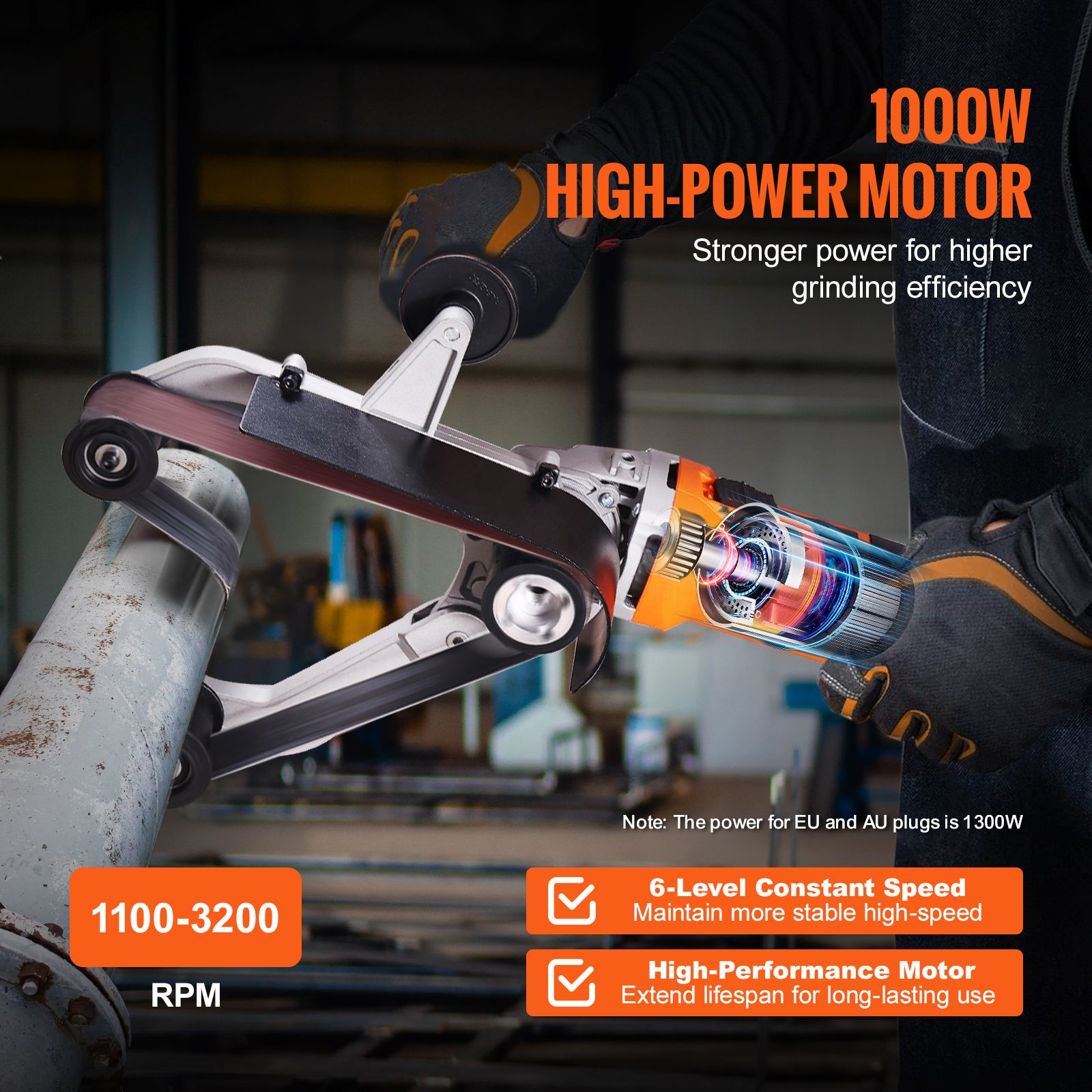Pipe Tube Polisher Sander, 1300W Pipe Belt Sander with 6 Variable Speeds 1100-3200rpm, Professional Belt Sander Grinding Machine with 3PCS Sanding Belts for โ image 2