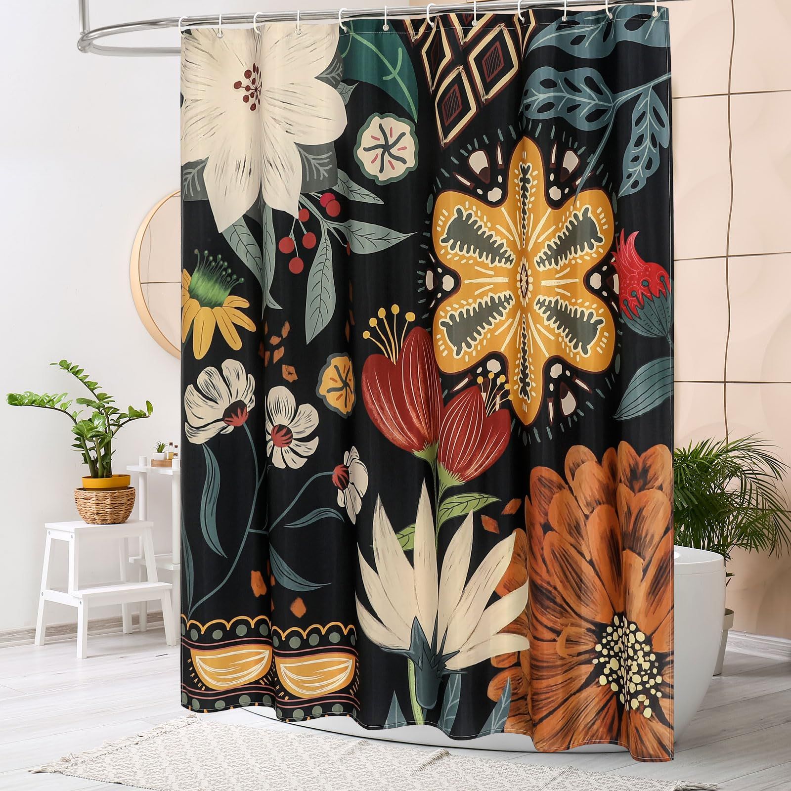 Boho Floral Shower Curtain, Tropical Leaves Fabric Cloth Shower Curtains for Chic Elegant Bathroom Decor, Modern Abstract, 72x72 — image 2