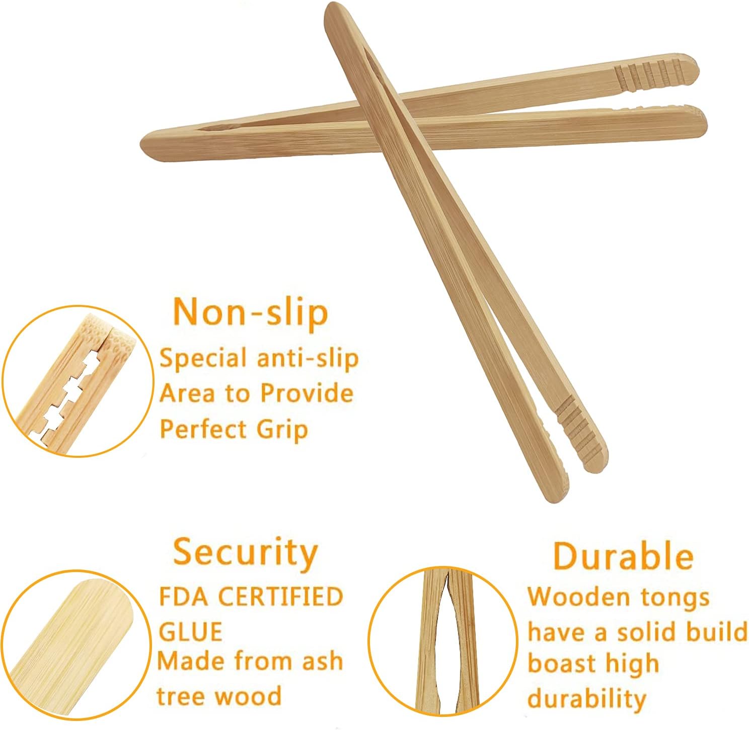 7 Inch Bamboo Kitchen Utensil Tongs, Reusable Bamboo Toast Tongs for Toast, Kimchi, Fruit and Tea, 8 Pcs — image 6