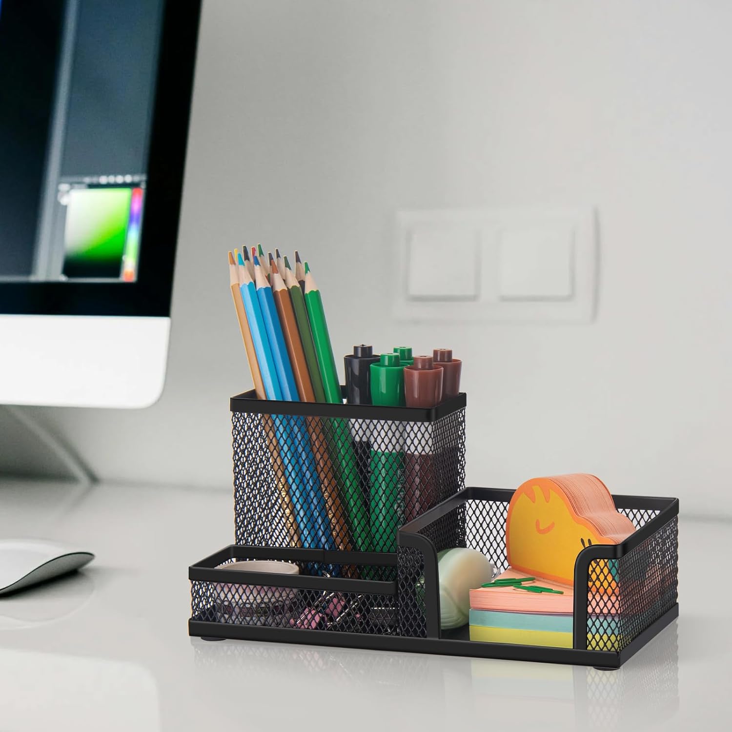 Black 3 Compartment Metal Mesh Pen Holder Desk Organizer for Office and Home Work - 1 Piece — image 5