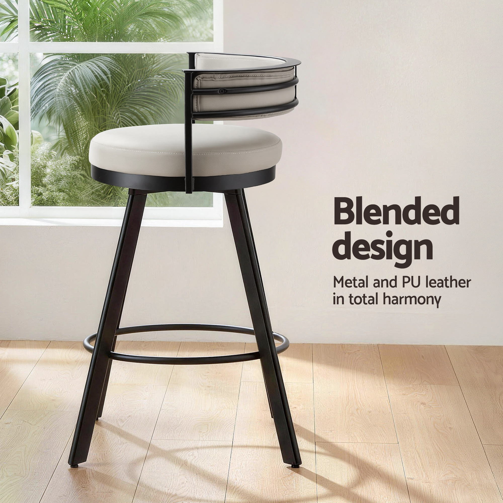 Artiss Bar Stools Set of 2 Swivel Kitchen Chair Metal Counter Beige Leather — image 4