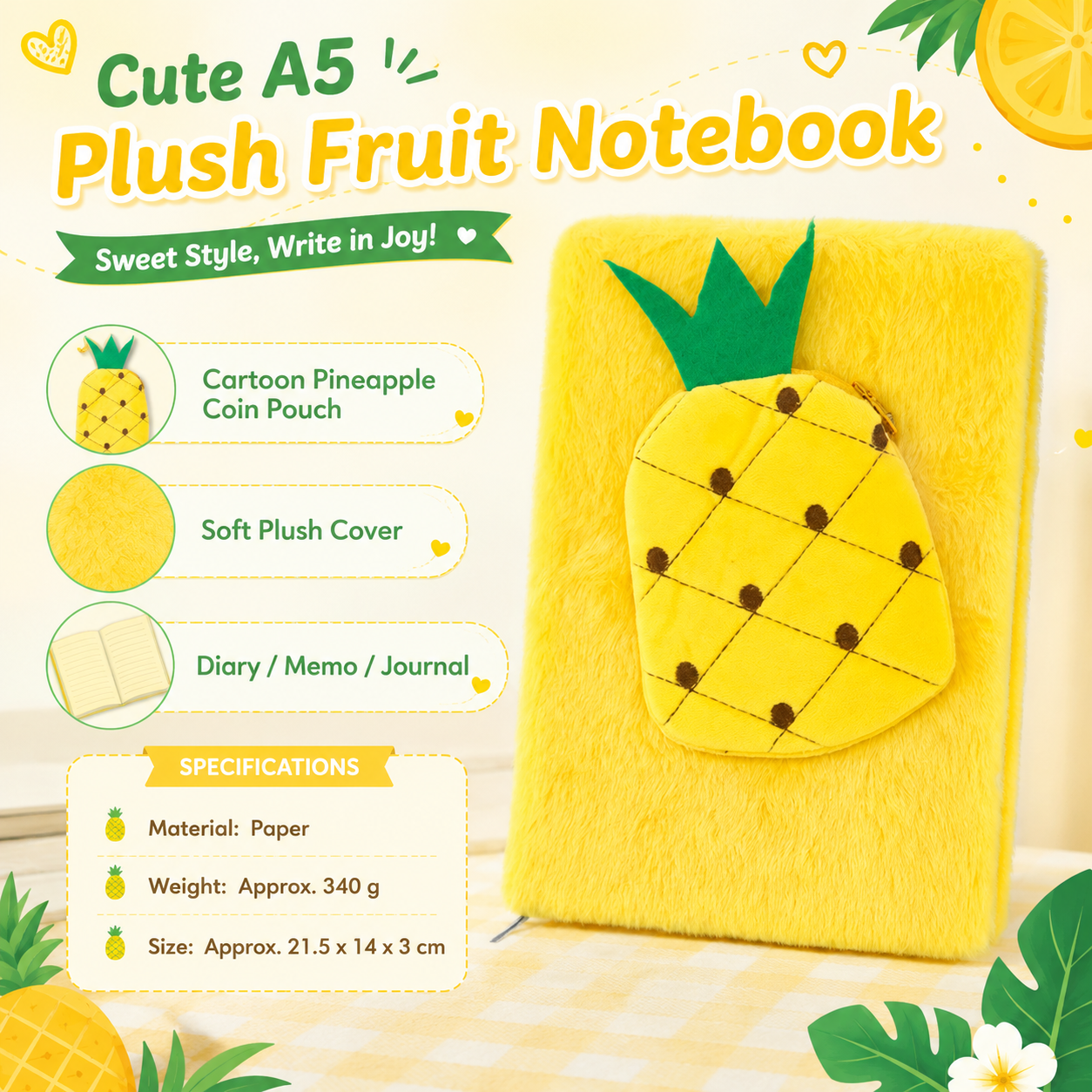 A5 Plush Fruit Notebook with detachable pineapple-shaped coin purse — features a soft plush cover and 80 lined pages; a cute design perfect for school use or