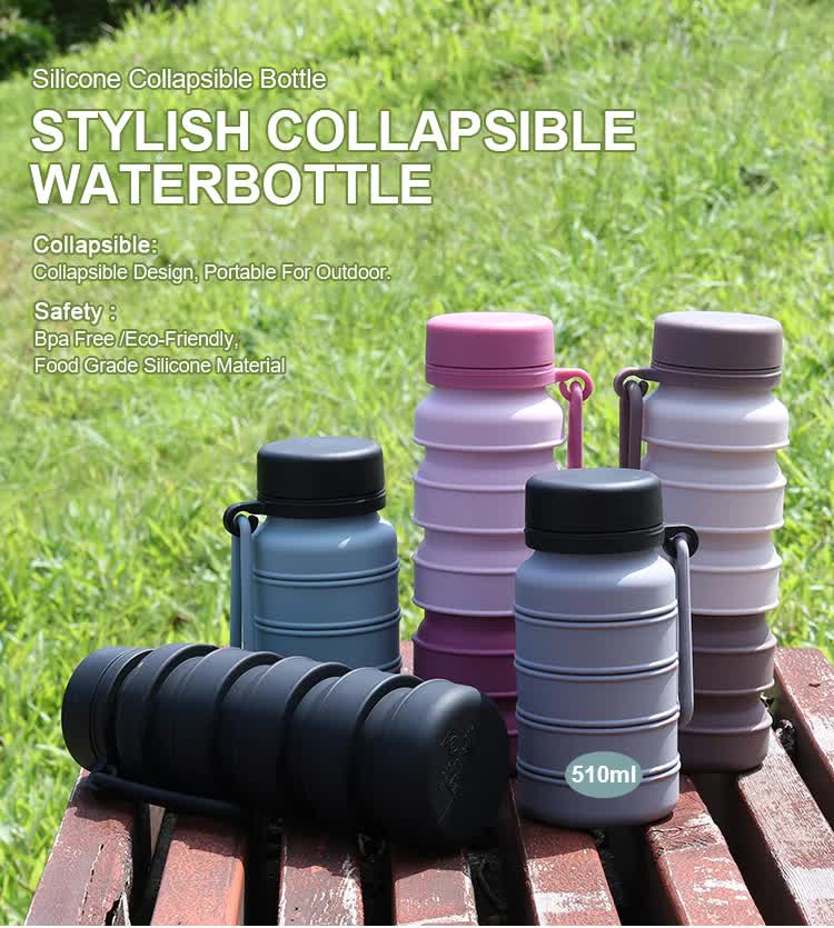 Grey and Black Collapsible Silicone Water Bottle - 510ml Portable Food-Grade Travel & Sports Drink Flask โ image 3