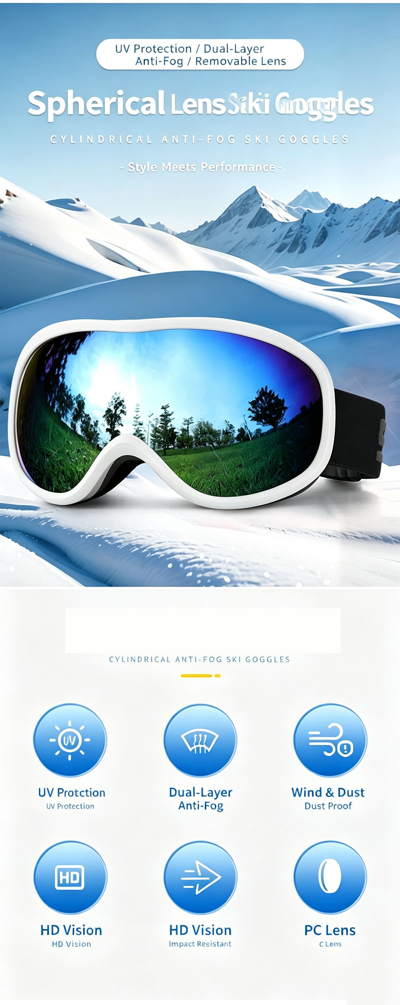 Winter Double-Layer Anti-Fog Spherical Ski Goggles, Sand black+colorful pieces โ image 2