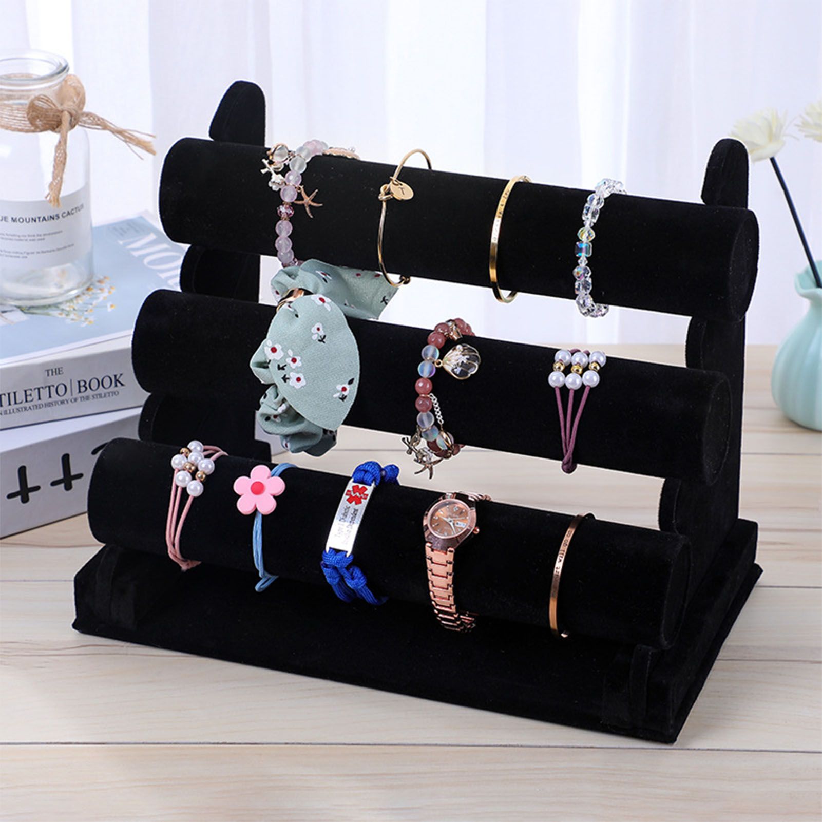 Velvet Jewelry Tower 3 Layers Watch Bracelet Holder Necklace Jewelry Display Stand Black Jewelry Stand โ image 3