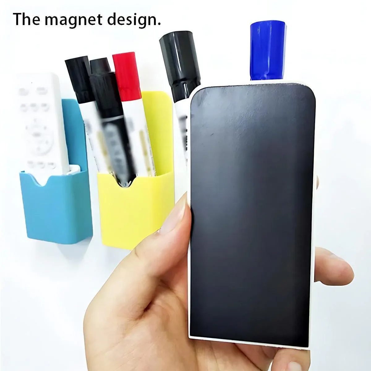 Plastic Pen Holder Box with Back Mount Clip for Whiteboard or Fridge Use - Yellow — image 5