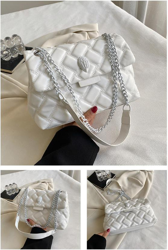 White Chic Quilted Crossbody Bag for Women - PU Leather Diamond Pattern Chain Strap Shoulder Purse with Elegant Clasp โ image 2