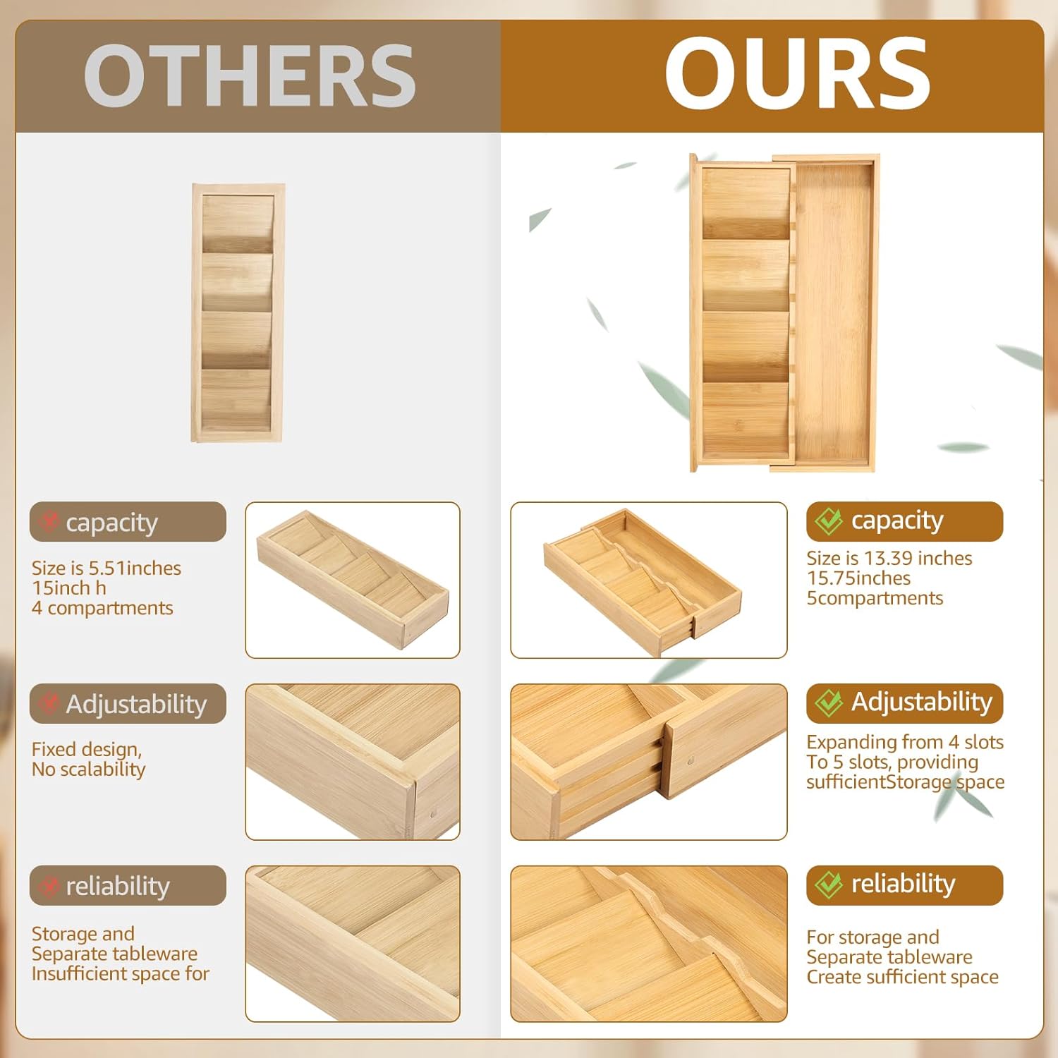 Kitchen drawer organizer - cutlery organizer - expandable bamboo storage box - cutlery rack - telescopic cutlery organizer โ image 2