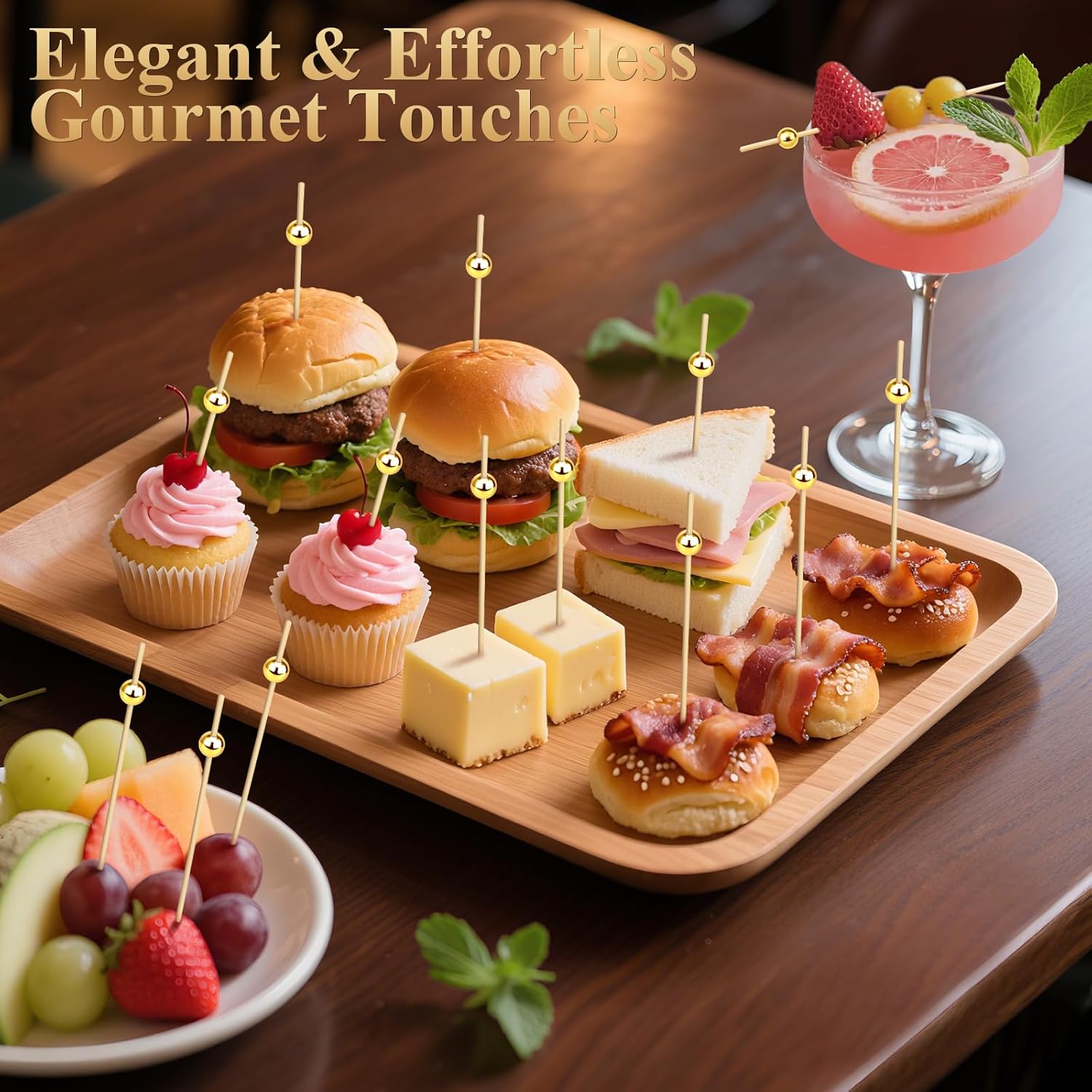 [300PCS] Cocktail Picks, Fancy Toothpicks for Appetizers Drinks Food Fruit, 4.7 IN Long Decorative Bamboo Skewers, Gold Pearl Wooden Garnish Sticks for — image 4