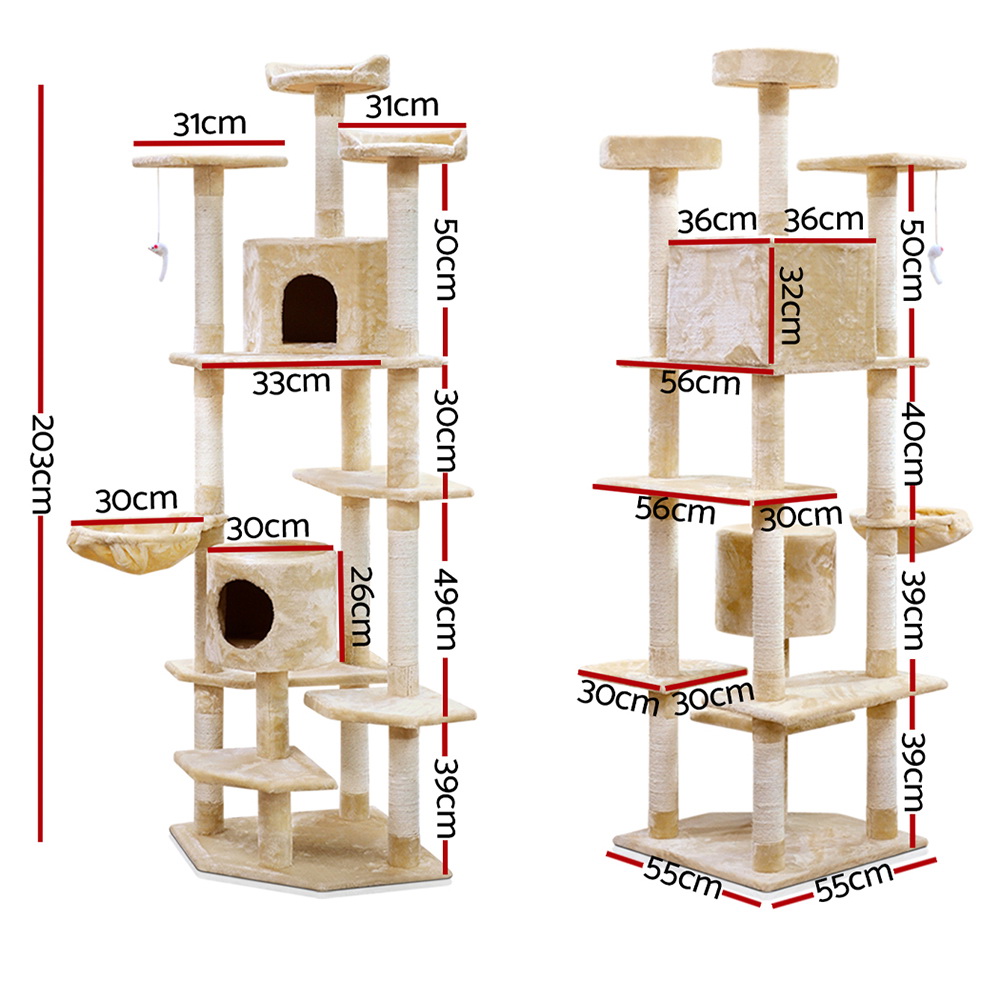 i.Pet Cat Tree 203cm Tower Scratching Post Scratcher Condo Trees House Bed Beige โ image 2