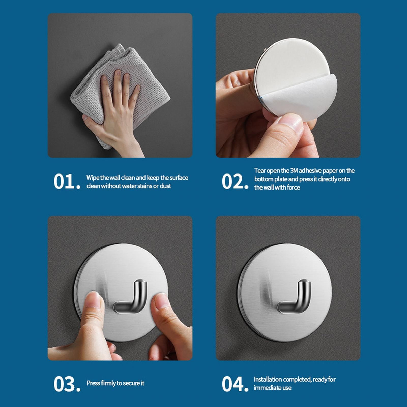 4 Pieces Waterproof Adhesive Wall Hooks for Hanging Loofah, Towels Clothes for Bathroom Removable Stainless Steel, Silver, 4.6 x 4.6 cm โ image 5