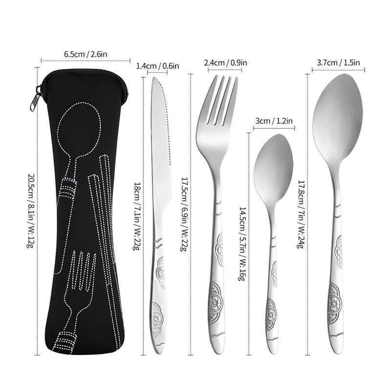Stainless Steel Portable Cutlery Set, 5‑Pcs Steak Knife Fork Spoon Teaspoon with Storage Pouch, Floral Embossed Outdoor Travel Camping Reusable Flatware Set — image 3