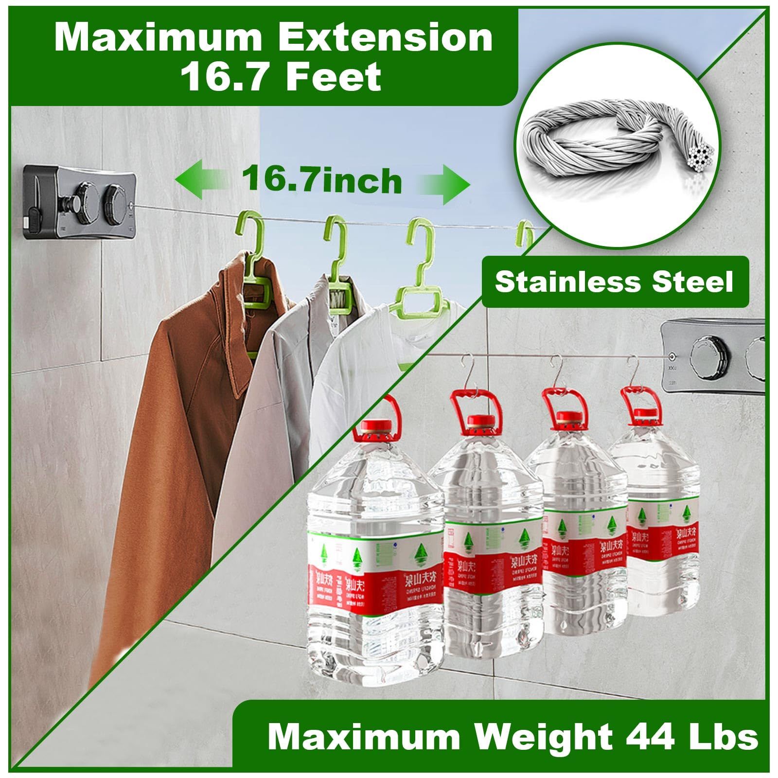Retractable Clothesline - 16.7Ft Twin Clothes Drying Laundry Line Indoor, Retractable Clothes Lines for Hanging Clothes Outdoor — image 3