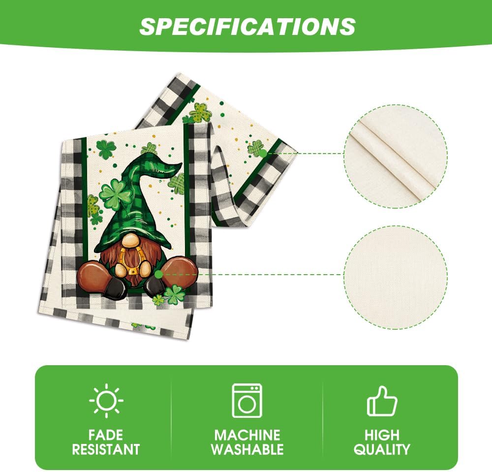 Buffalo Plaid Shamrock Gnome St. Patrick's Day Table Runner, Seasonal Spring Holiday Kitchen Dining Table Decoration for Indoor Outdoor Home Party Decor 13 × — image 5