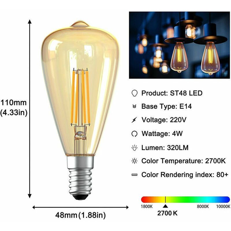 3 Pcs Vintage E14 Bulb Edison LED Bulb ST48 E14 Retro Decorative Lamp Vintage Antique 4W Warm Filament for Restaurant Cafe Bar White — image 2