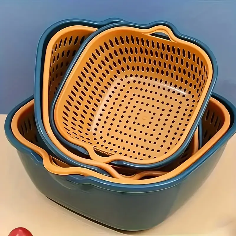 Double layer contrasting color fruit and vegetable drain basket, INS style design for both draining and storage, multiple sizes stackable, healthy PP material — image 2