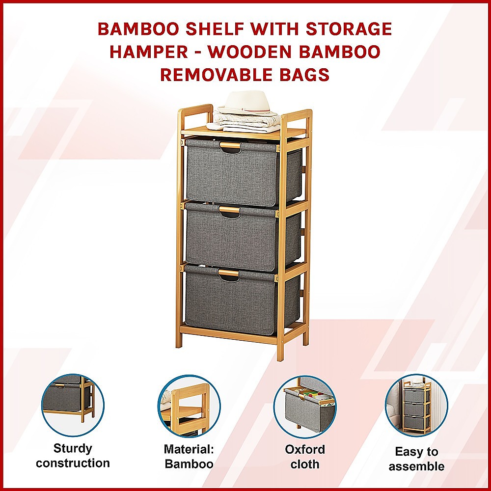 Bamboo Shelf with Storage Hamper – Wooden Organiser with 3 Laundry Bags — image 2