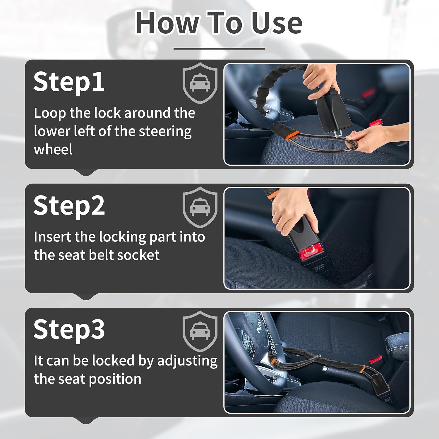 2 Set Red 28 Inch Car Steering Wheel Anti Theft Lock - Universal Steel Cable Anti Shear Seat Belt Lock with 3 Keys and Protective Sleeve, Waterproof and โ image 2