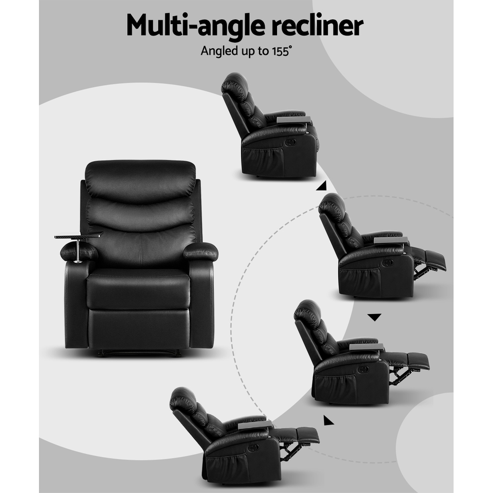 Artiss Recliner Chair Leather Black Tray Table Erika — image 4