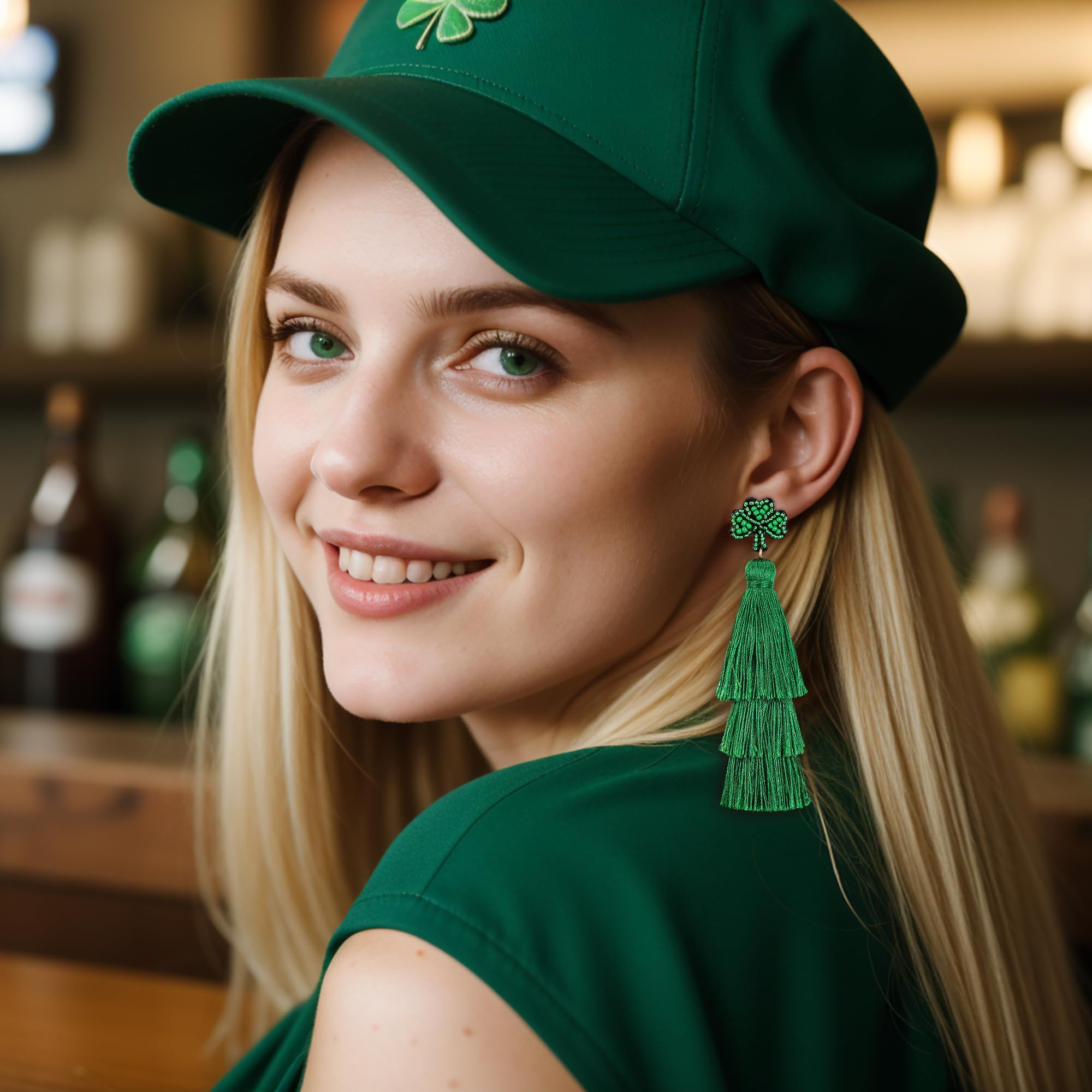 St Patricks Day Tassel Earrings for Women Bohemian Boho Crystal Layered Tassel Fringe Thread Chandelier Dangle Earrings — image 3