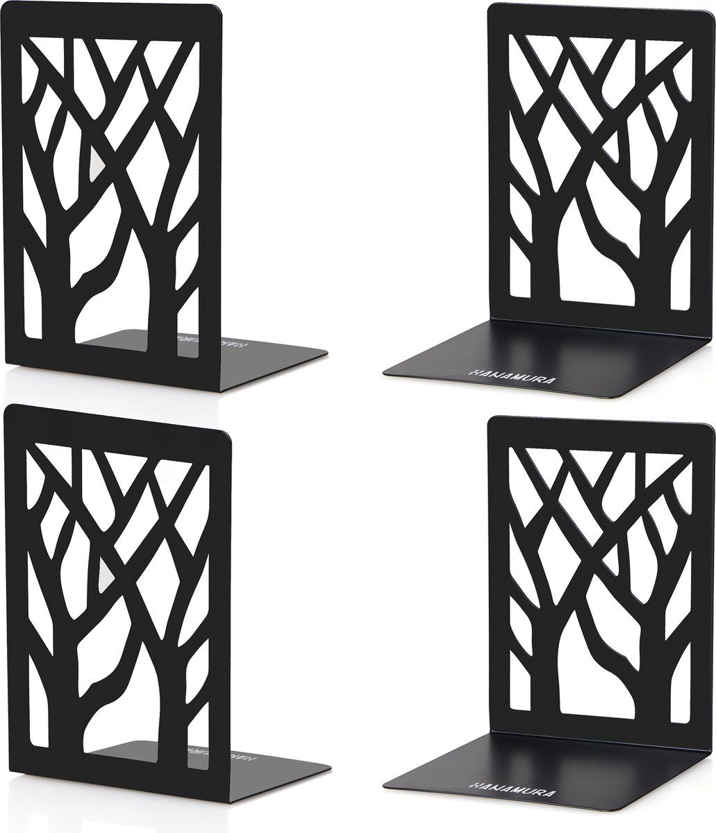 4-Piece Black Tree Design Metal Bookend Set with Non-Slip Feet